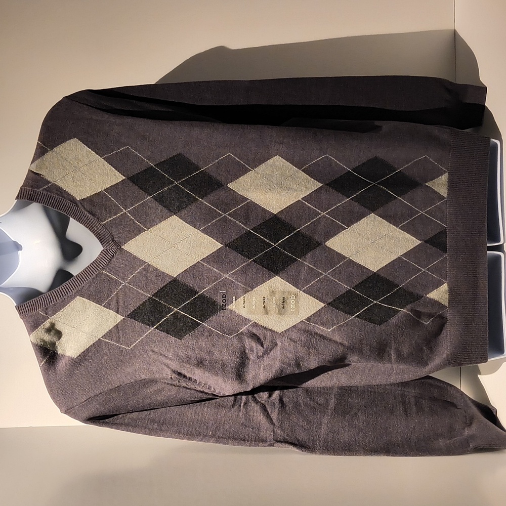 Izod men's pullover sweater XL argyle long sleeve brown/gray/black v-neck